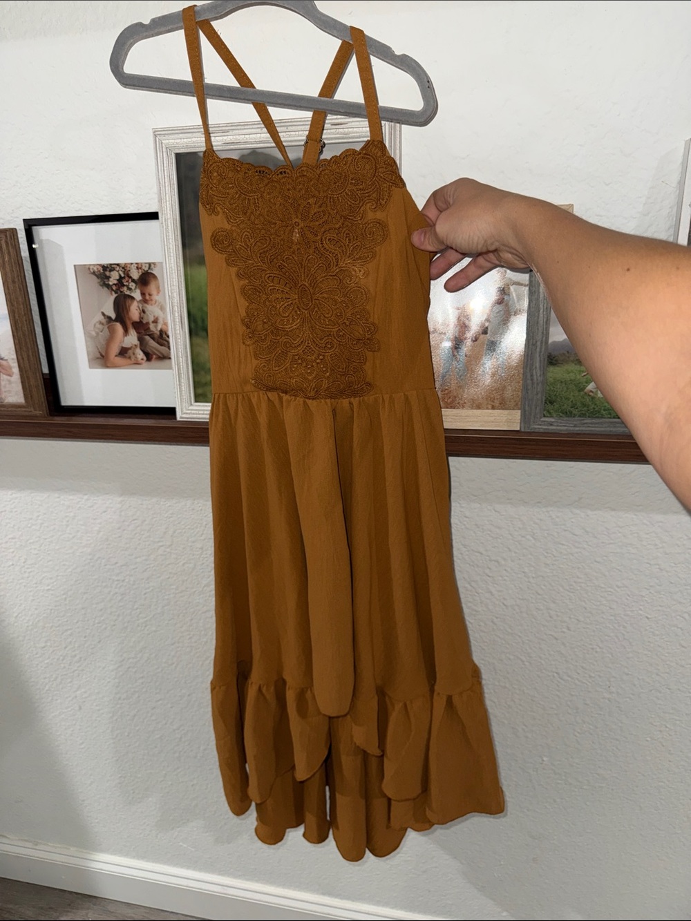 Embroidered Strappy Midi Dress in Mustard